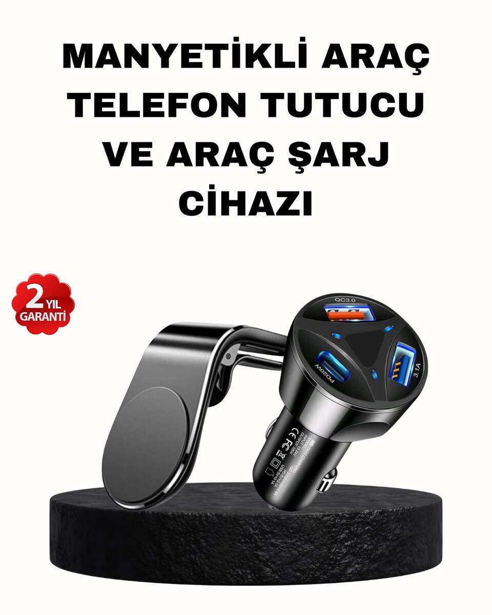 Manyetik Araç Telefon Tutucu ve Hızlı Şarj Adaptörü 2’li Set 1 Manyetik Araç Telefon Tutucu ve Hızlı Şarj Adaptörü 2’li Set
