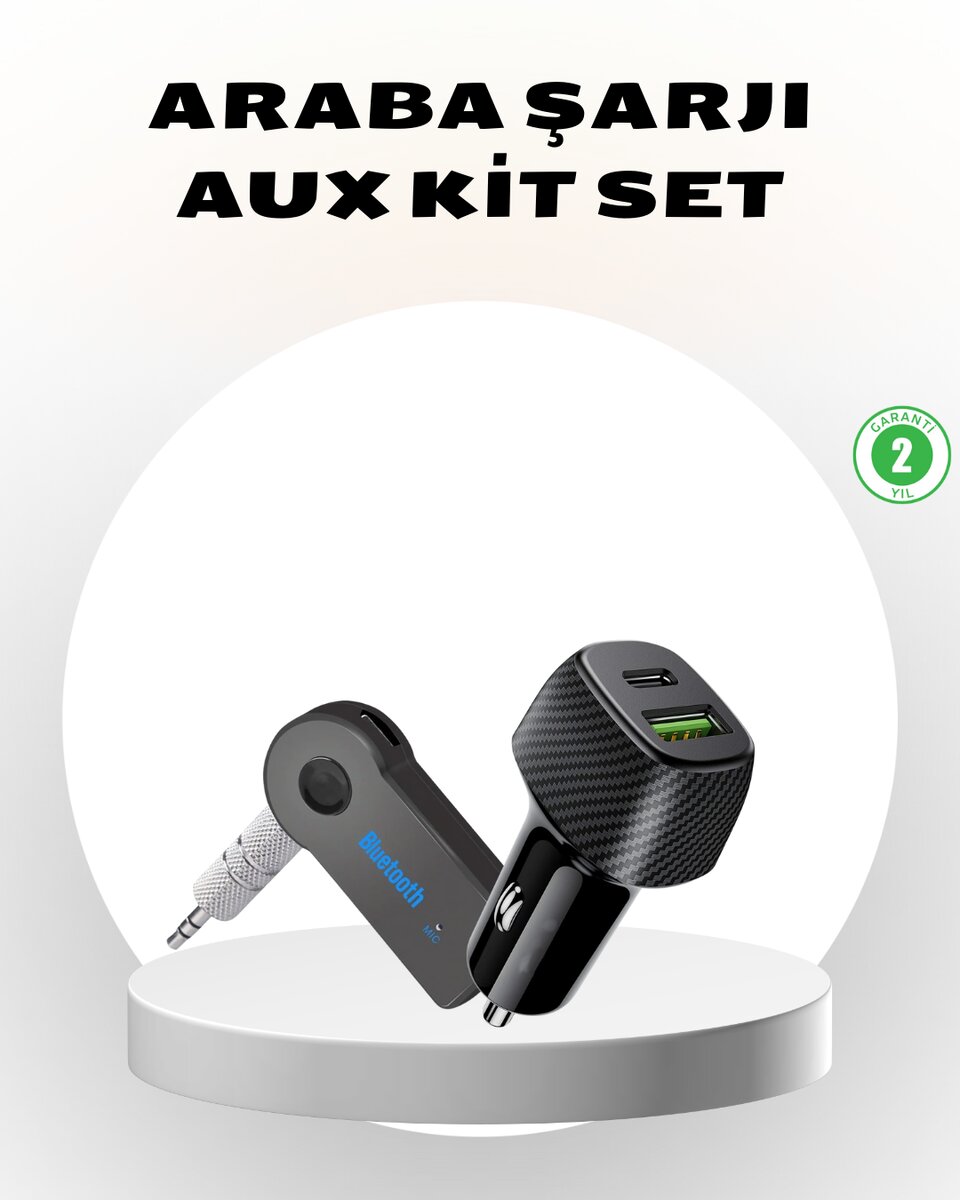 Bluetooth AUX Çevirici ve PD Destekli Araç Şarj Cihazı 2’li Set 1 Bluetooth AUX Çevirici ve PD Destekli Araç Şarj Cihazı 2’li Set