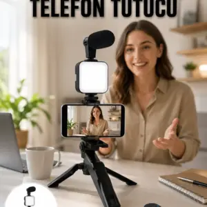Telefon Tutucu Led Işıklı Kumandalı Mikrofon Telefon Vlog Video Kayıt Yeni Nesil