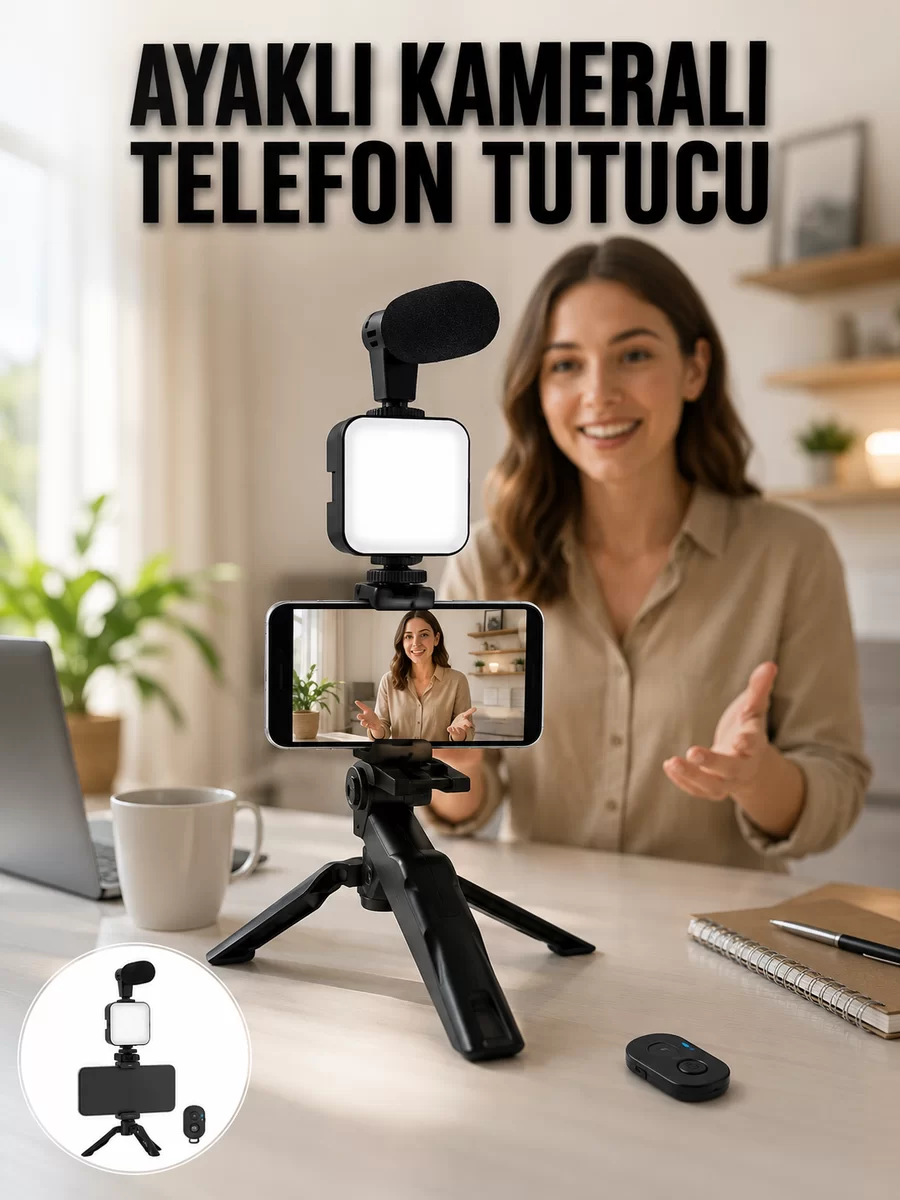 Telefon Tutucu Led Işıklı Kumandalı Mikrofon Telefon Vlog Video Kayıt Yeni Nesil 1 Telefon Tutucu Led Işıklı Kumandalı Mikrofon Telefon Vlog Video Kayıt Yeni Nesil