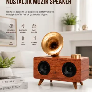 Bluetooth Nostalji Speaker Radyo Gramofon Ahşap Renk Vintage Yeni Nesil