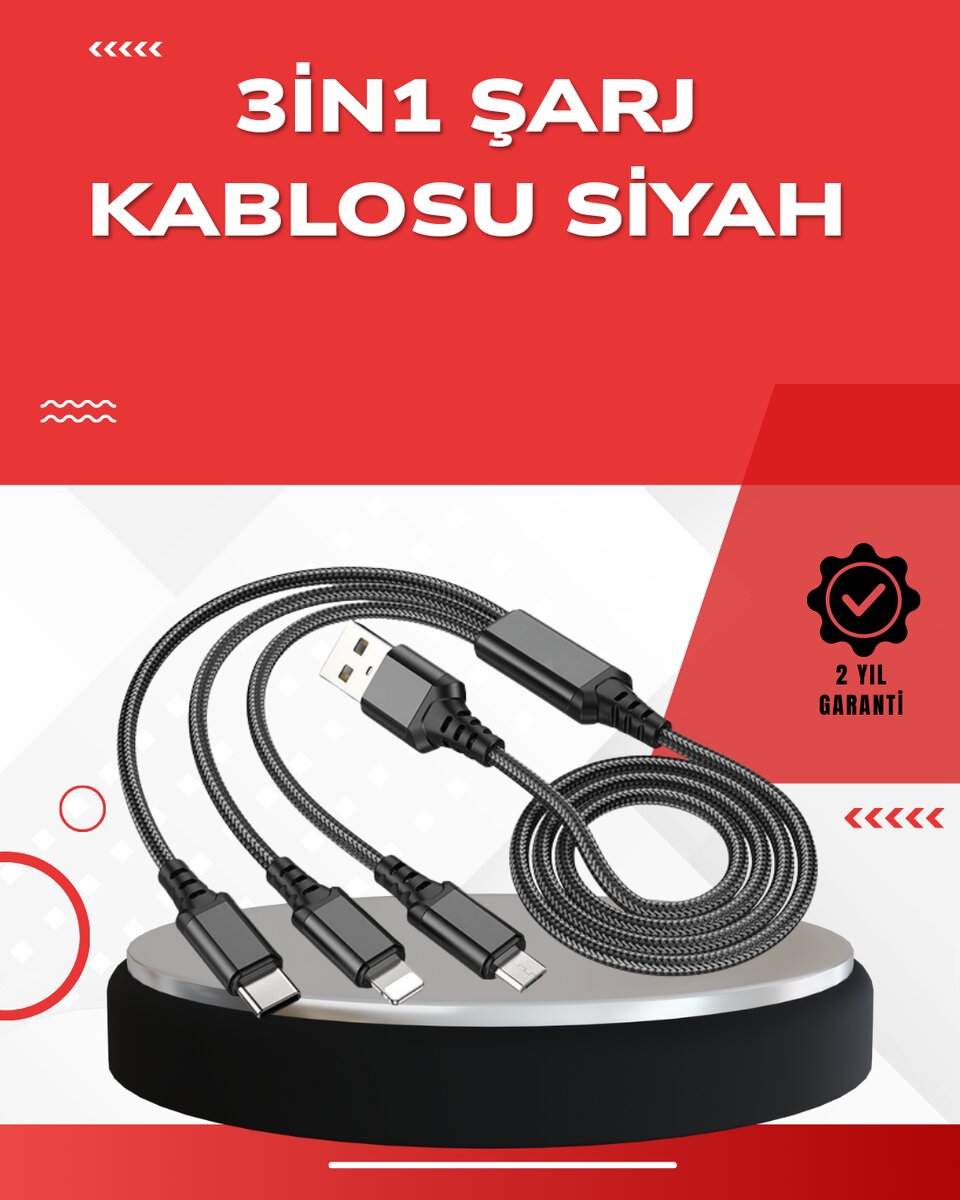 Dayanıklı Metal Başlıklı 3’ü 1 Arada Şarj Kablosu – Tüm Cihazlarla Uyumlu 1 Dayanıklı Metal Başlıklı 3’ü 1 Arada Şarj Kablosu – Tüm Cihazlarla Uyumlu