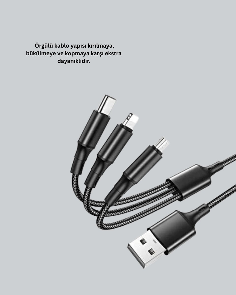 3’ü 1 Arada Hızlı Şarj Kablosu – iOS Android Type-C Uyumlu 3 3’ü 1 Arada Hızlı Şarj Kablosu – iOS Android Type-C Uyumlu - Görsel 3