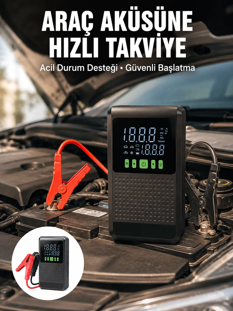 Araç İçin Akü Takviye Cihazı ve Kablosuz Hava Kompresörü Yeni Nesil 1 Araç İçin Akü Takviye Cihazı ve Kablosuz Hava Kompresörü Yeni Nesil