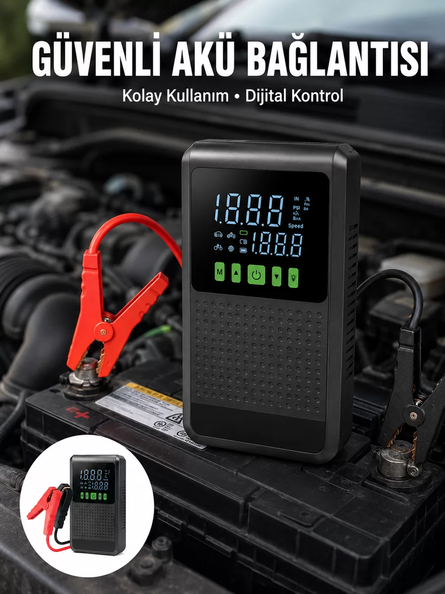 12.000 mAh Şarjlı Araç Akü Takviye ve Işıklı Hava Kompresörü Yeni Nesil 1 12.000 mAh Şarjlı Araç Akü Takviye ve Işıklı Hava Kompresörü Yeni Nesil