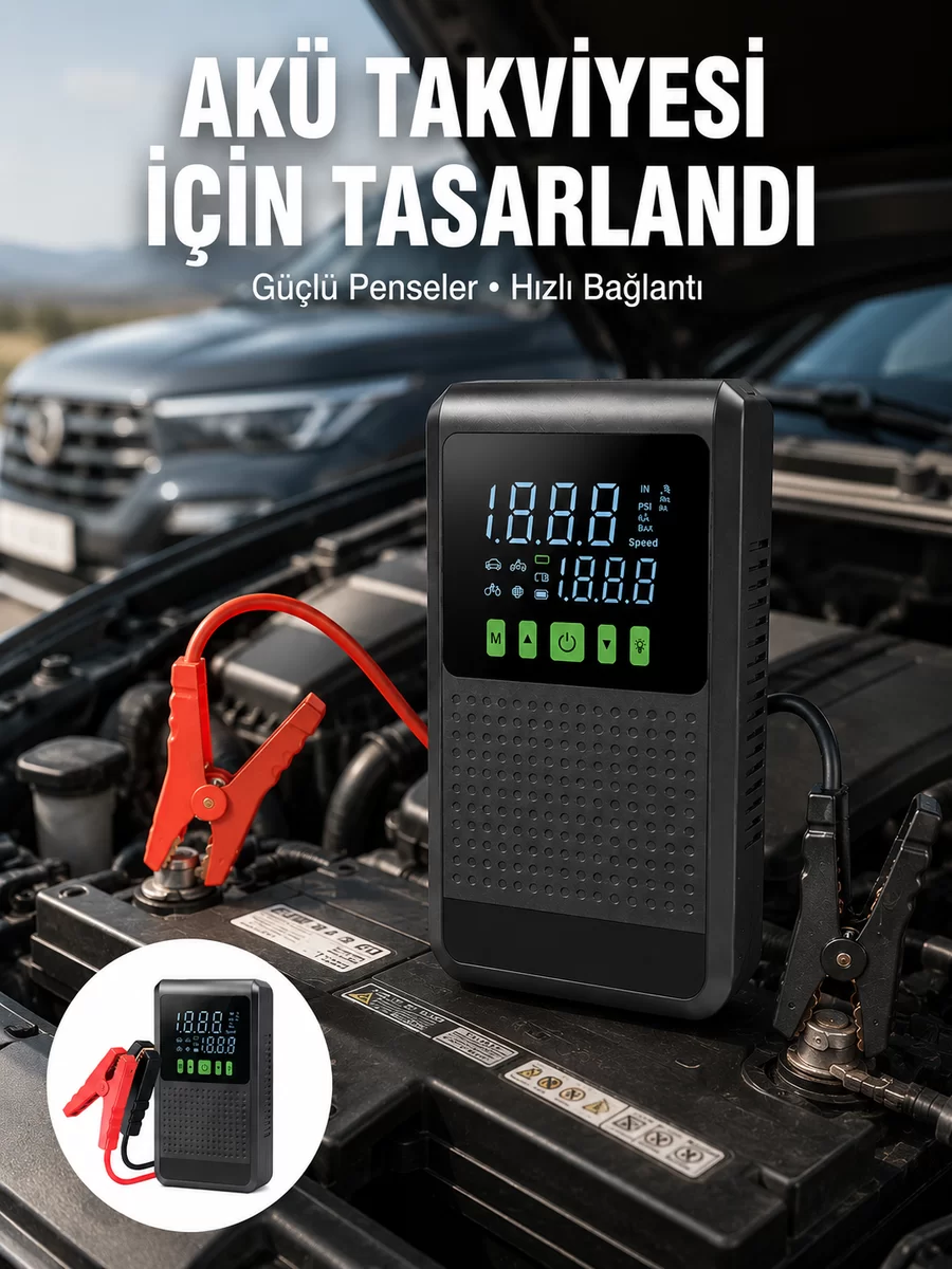 4’ü 1 Arada Jump Starter Hava Kompresörü Powerbank ve LED Fener Yeni Nesil 1 4’ü 1 Arada Jump Starter Hava Kompresörü Powerbank ve LED Fener Yeni Nesil