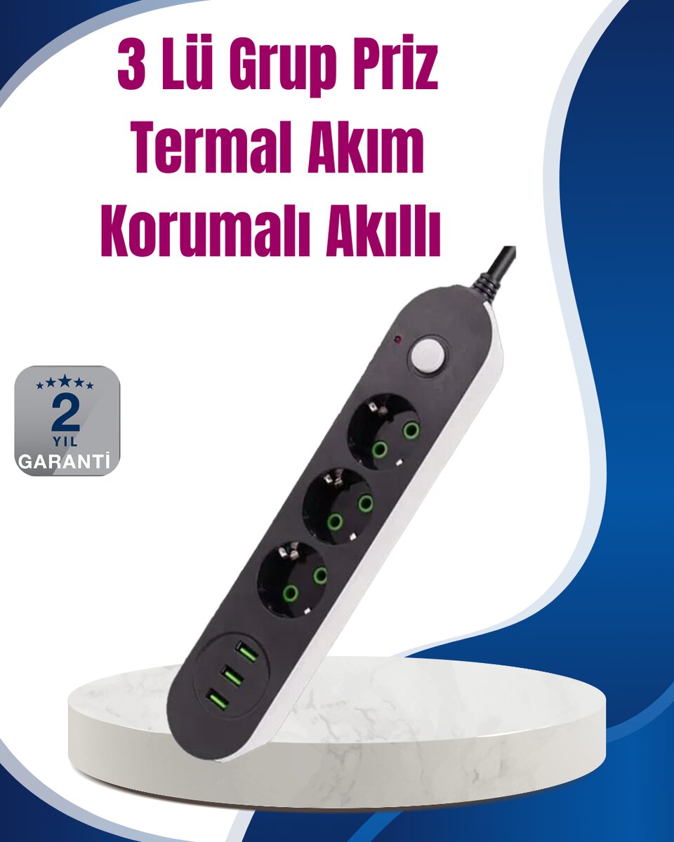 3 USB Çıkışlı Hızlı Şarjlı Anahtarlı Üçlü Priz 1 3 USB Çıkışlı Hızlı Şarjlı Anahtarlı Üçlü Priz