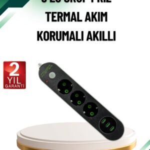 Akım Korumalı Anahtarlı USB Girişli Üçlü Priz