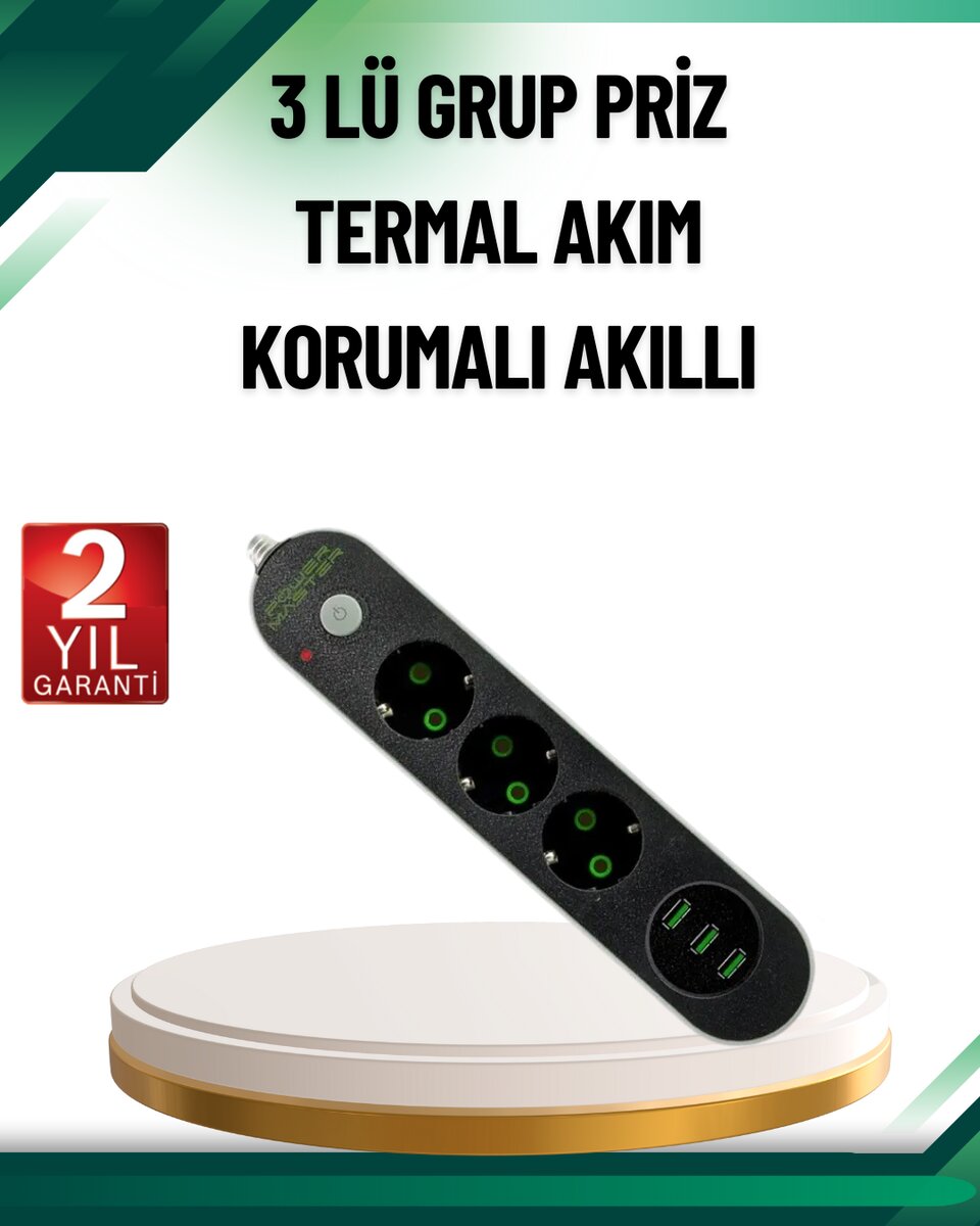 Akım Korumalı Anahtarlı USB Girişli Üçlü Priz 1 Akım Korumalı Anahtarlı USB Girişli Üçlü Priz