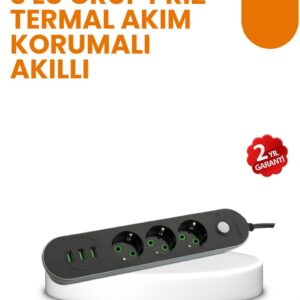 2 Metre Kablolu 3 USB Portlu Anahtarlı Üçlü Priz