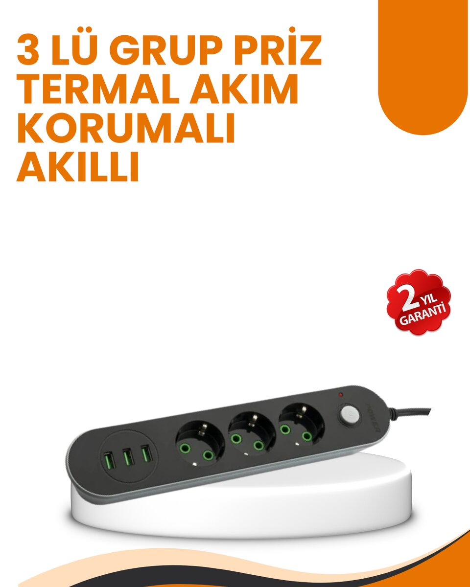 2 Metre Kablolu 3 USB Portlu Anahtarlı Üçlü Priz 1 2 Metre Kablolu 3 USB Portlu Anahtarlı Üçlü Priz