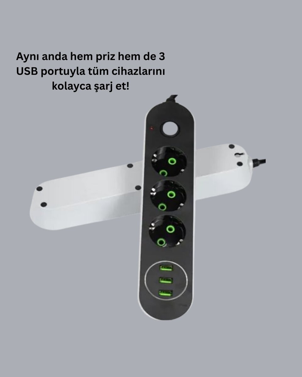 2 Metre Kablolu 3 USB Portlu Anahtarlı Üçlü Priz 2 2 Metre Kablolu 3 USB Portlu Anahtarlı Üçlü Priz - Görsel 2