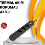 Hızlı Şarj Özellikli 3 USB Girişli Üçlü Priz