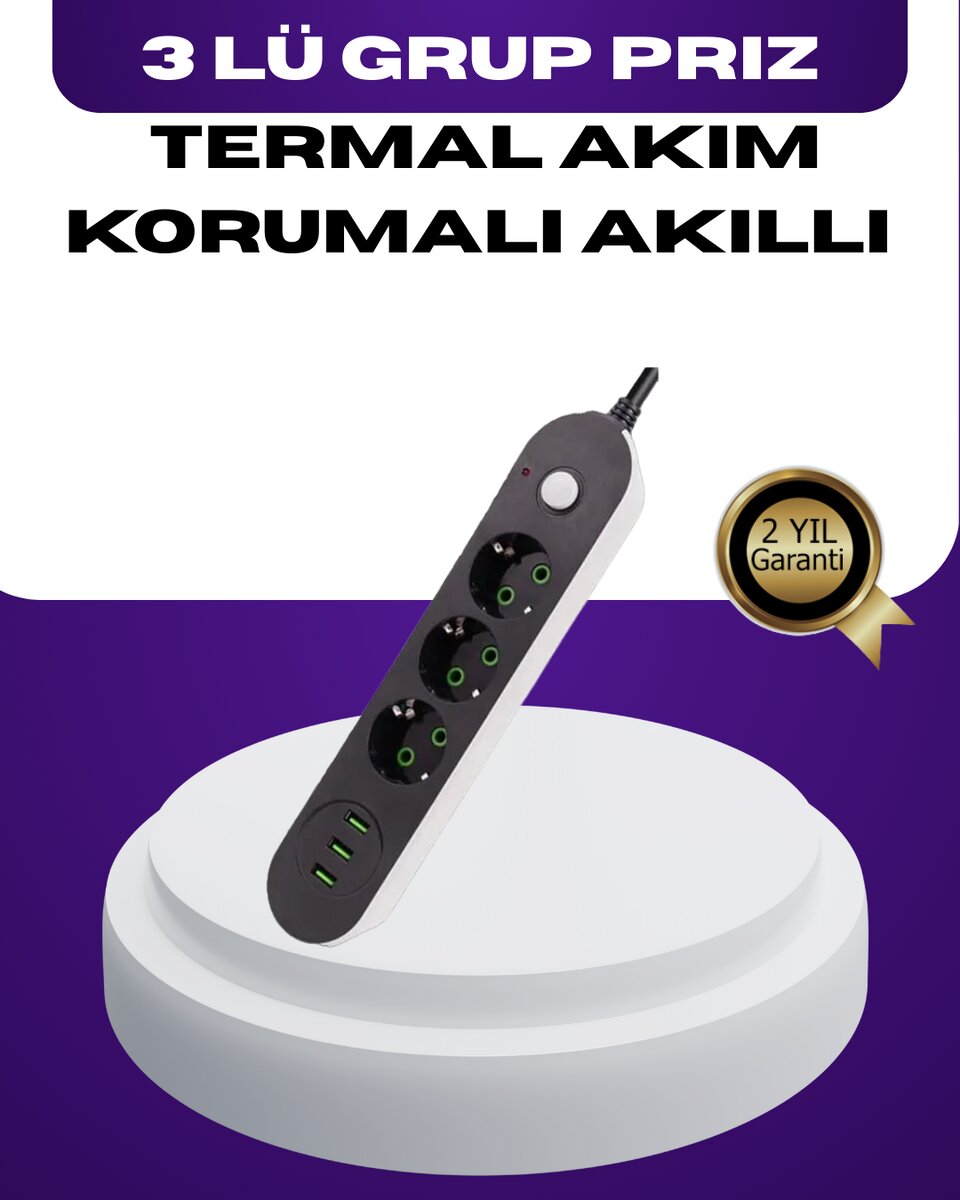 USB Yuvalı Anahtarlı Üçlü Priz 2 Metre Kablolu 1 USB Yuvalı Anahtarlı Üçlü Priz 2 Metre Kablolu