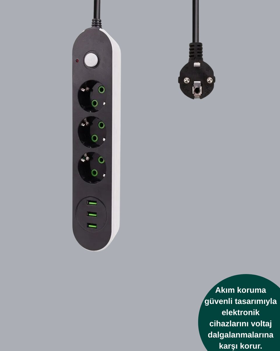 USB Yuvalı Anahtarlı Üçlü Priz 2 Metre Kablolu 3 USB Yuvalı Anahtarlı Üçlü Priz 2 Metre Kablolu - Görsel 3