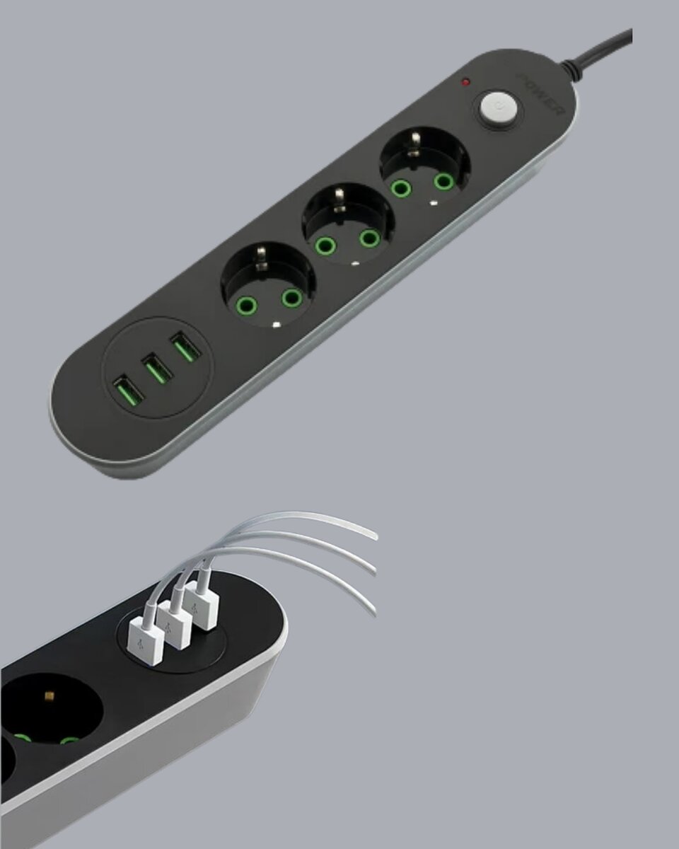 USB Yuvalı Anahtarlı Üçlü Priz 2 Metre Kablolu 4 USB Yuvalı Anahtarlı Üçlü Priz 2 Metre Kablolu - Görsel 4