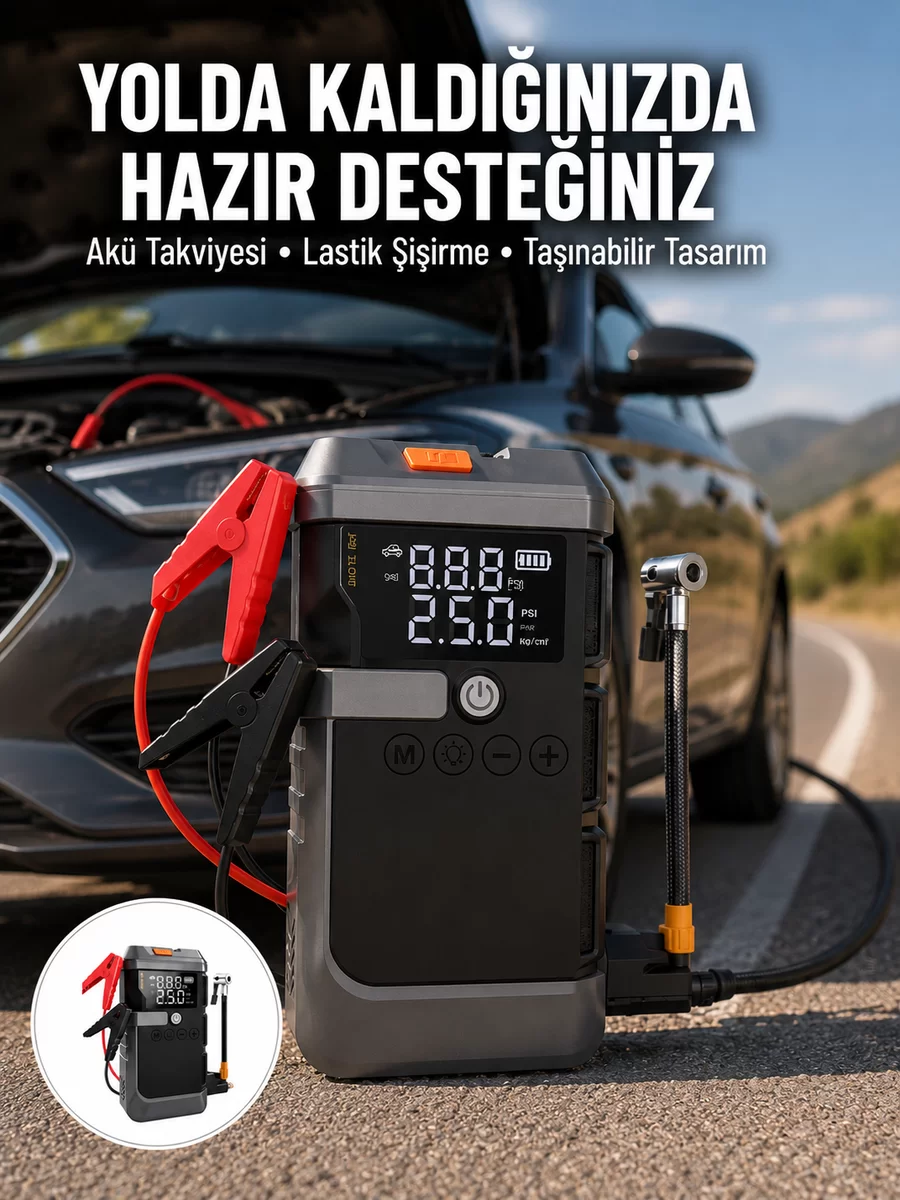 Işıklı Hava Kompresörlü Taşınabilir Akü Takviye Ünitesi Yeni Nesil 1 Işıklı Hava Kompresörlü Taşınabilir Akü Takviye Ünitesi Yeni Nesil