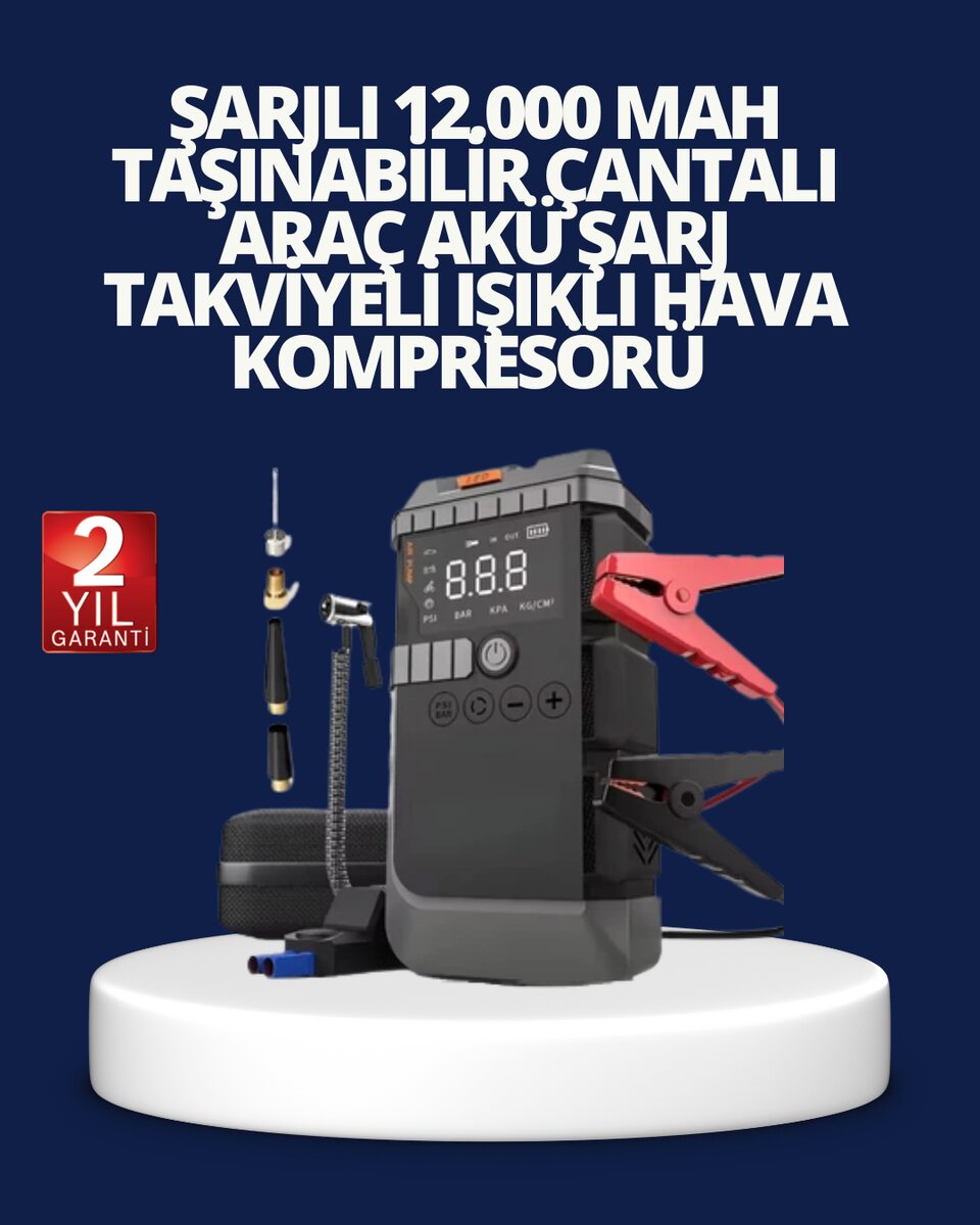 Şarjlı 12000 mAh Araç Akü Takviye ve Hava Kompresörü 4’ü 1 Arada 1 Şarjlı 12000 mAh Araç Akü Takviye ve Hava Kompresörü 4’ü 1 Arada
