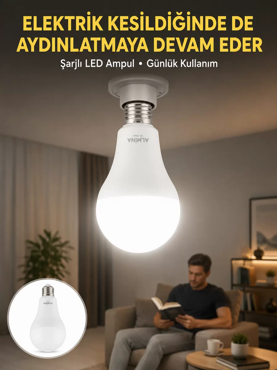 Acil Durumlar İçin Şarjlı LED Ampul 6400K Soğuk Beyaz 30 Watt Yeni Nesil 1 Acil Durumlar İçin Şarjlı LED Ampul 6400K Soğuk Beyaz 30 Watt Yeni Nesil