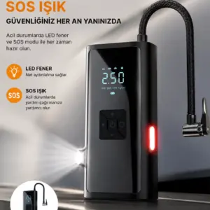 LED Fenerli ve SOS Işıklı Çok Fonksiyonlu Hava Kompresörü Yeni Nesil