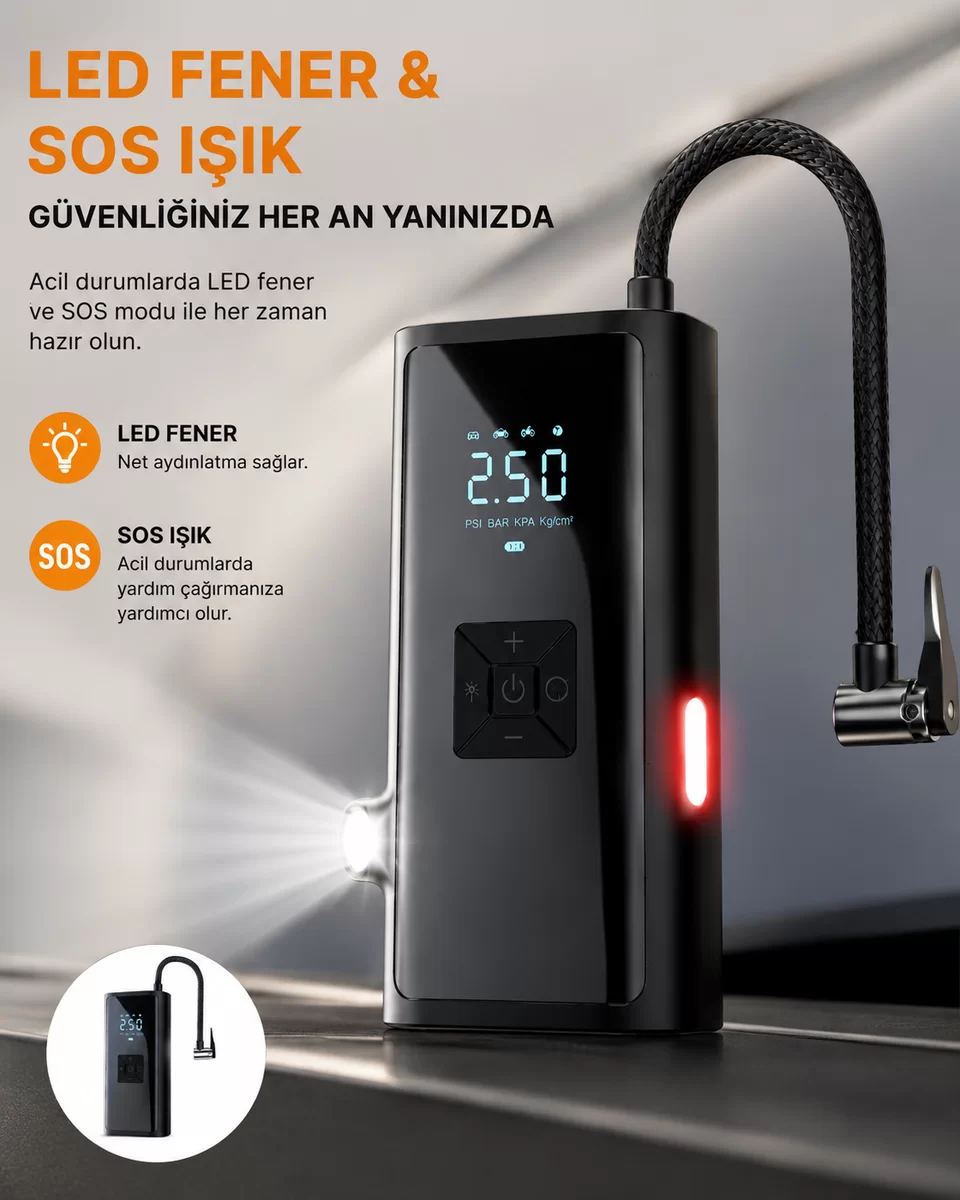 LED Fenerli ve SOS Işıklı Çok Fonksiyonlu Hava Kompresörü Yeni Nesil 1 LED Fenerli ve SOS Işıklı Çok Fonksiyonlu Hava Kompresörü Yeni Nesil
