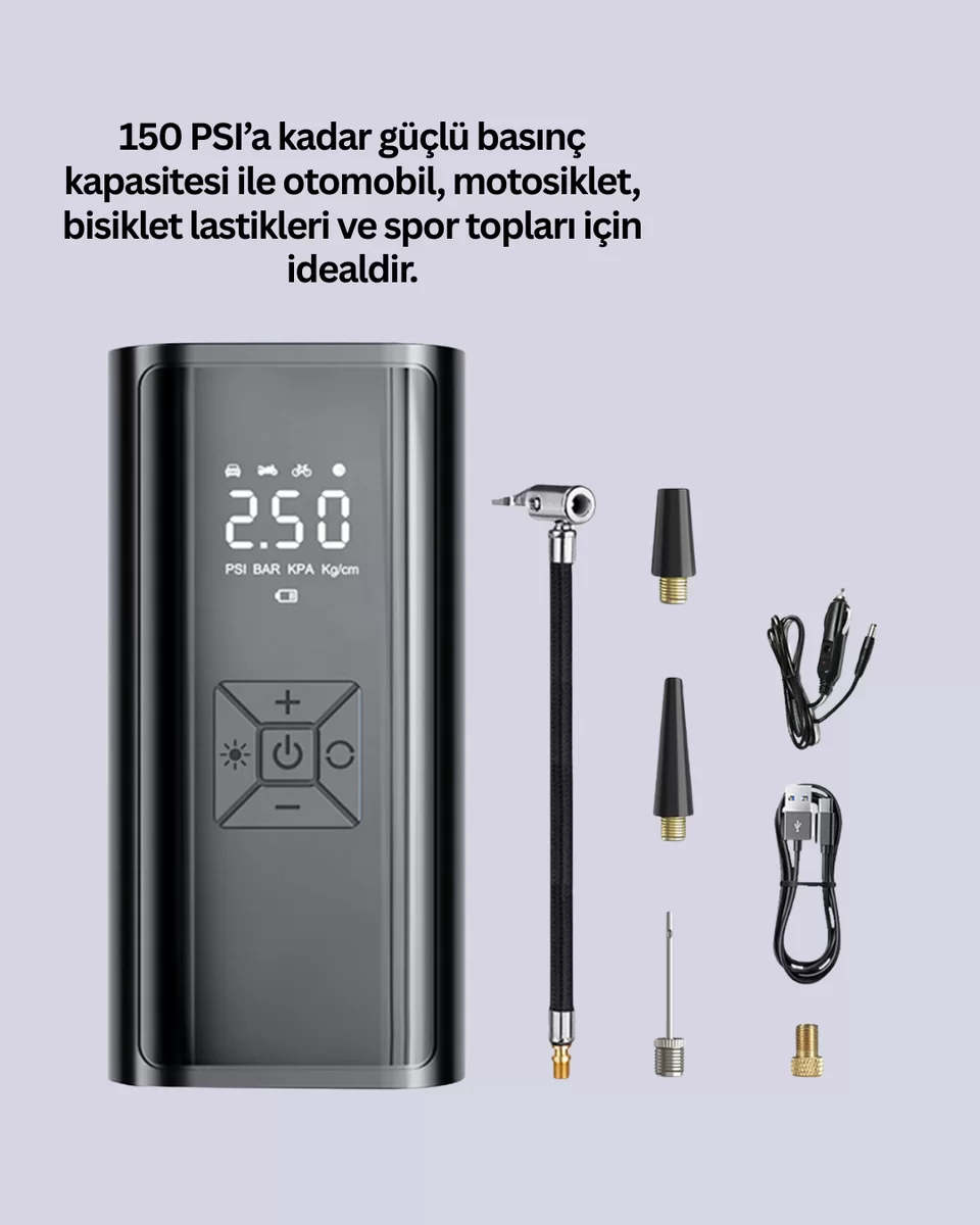 12V Uyumlu Çok İşlevli Akıllı Araç Lastik Pompası Yeni Nesil 3 12V Uyumlu Çok İşlevli Akıllı Araç Lastik Pompası Yeni Nesil - Görsel 3