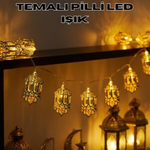 Pilli Ramazan Işıkları Altın Renk Fener Figürlü LED Süsleme