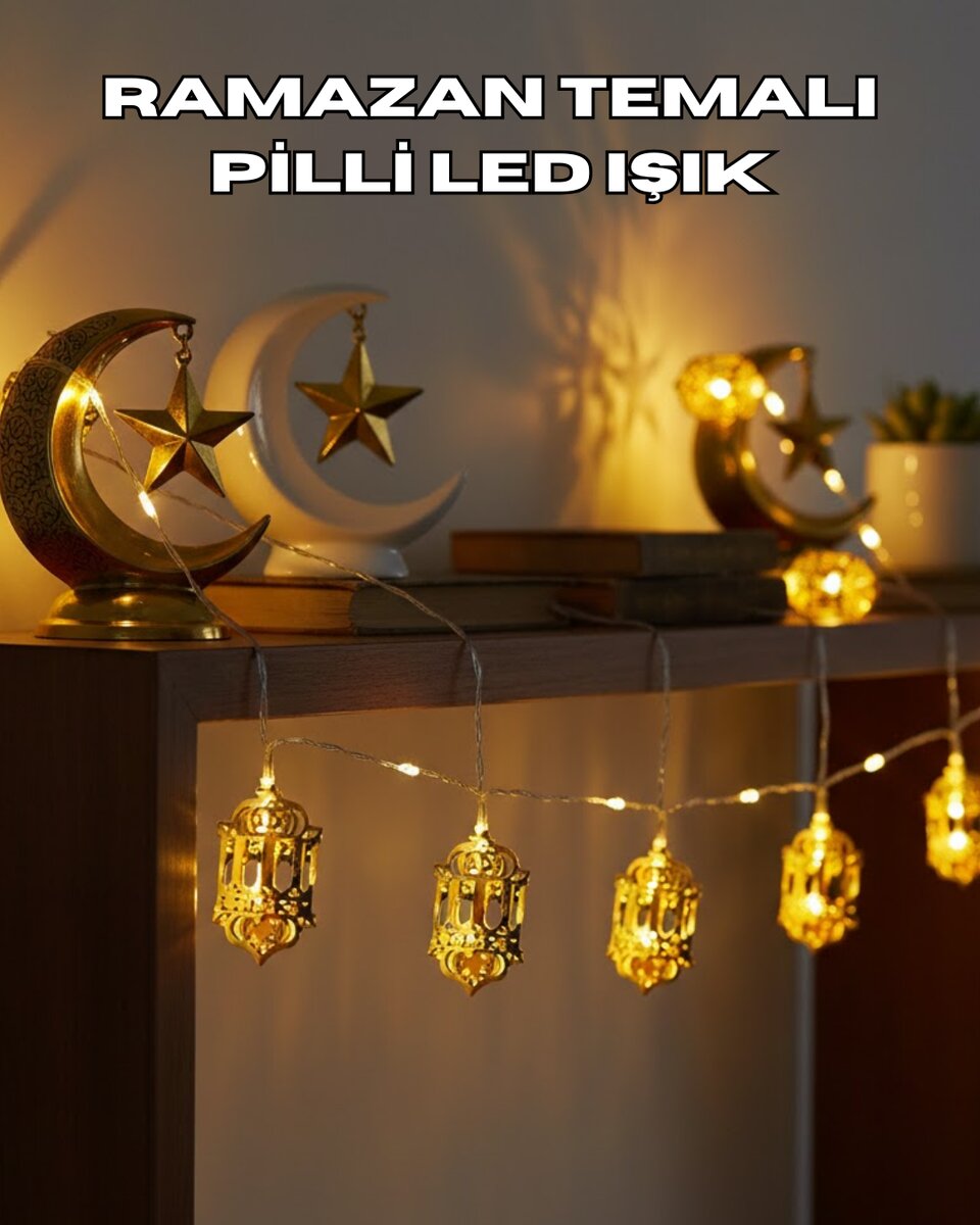 Ramazan Dekoru İçin Pilli LED Işık Altın Fener Tasarımlı 1 Ramazan Dekoru İçin Pilli LED Işık Altın Fener Tasarımlı