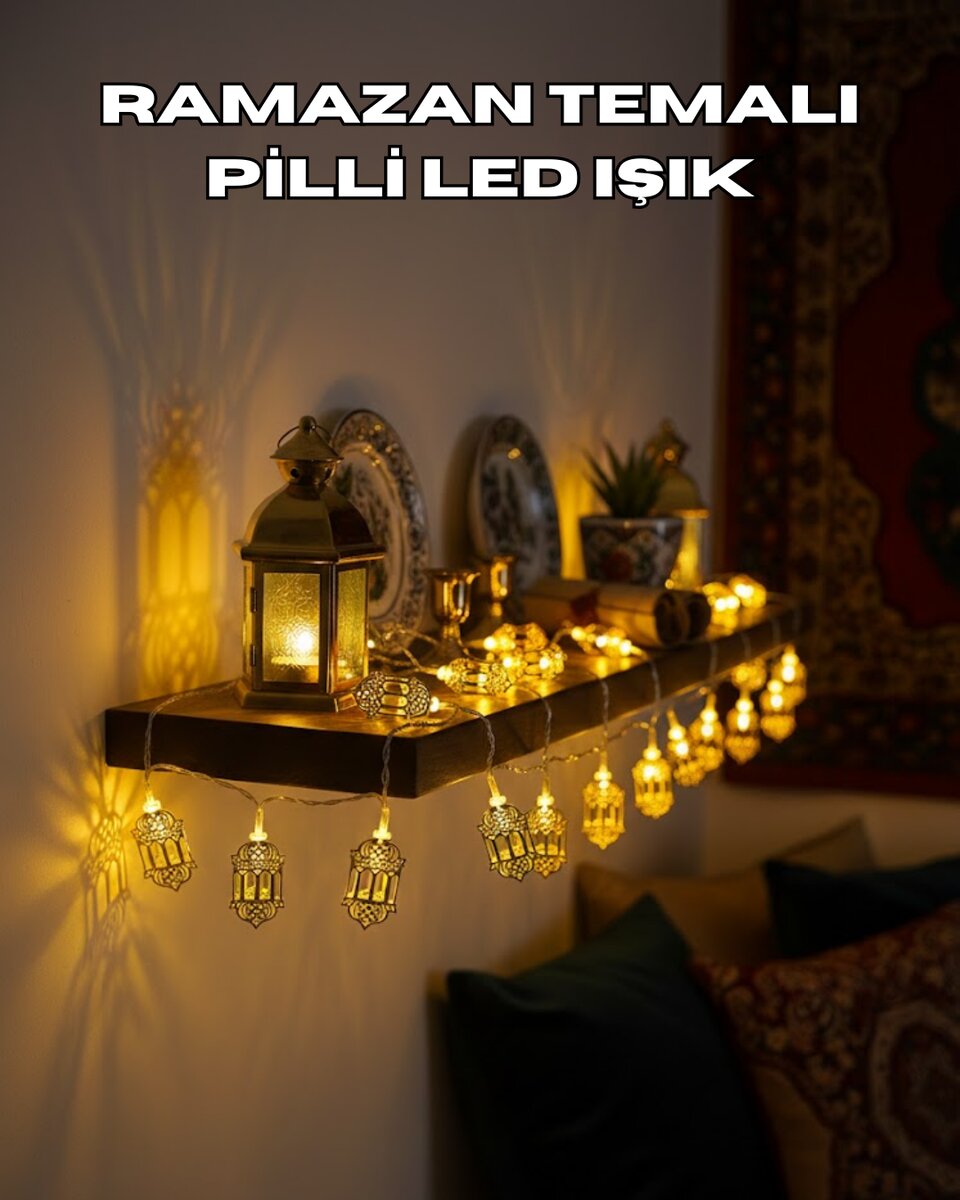 Pilli Altın Fenerli Ramazan Işıkları Dekoratif LED Zincir 1 Pilli Altın Fenerli Ramazan Işıkları Dekoratif LED Zincir