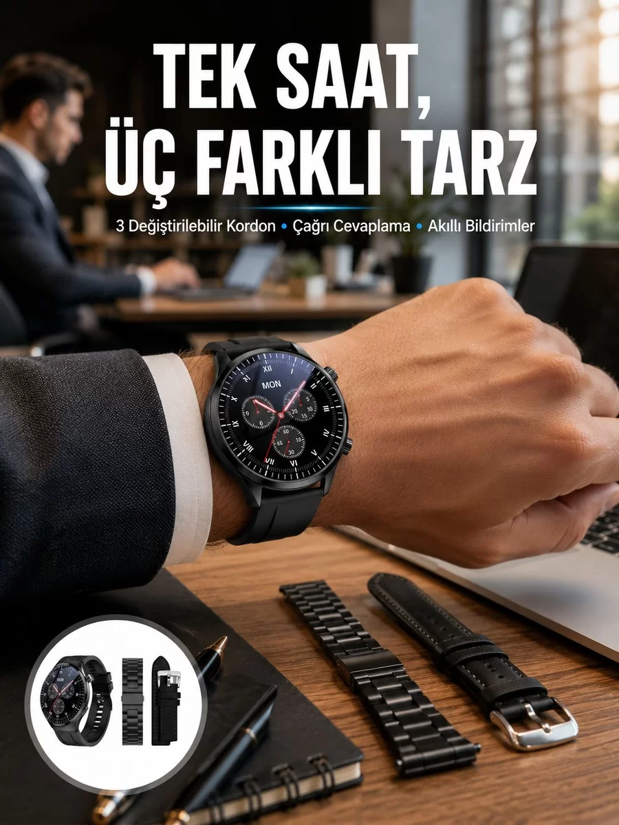 Akıllı Saat Yeni Nesil Üç Kordonlu Nabız Ölçer Çağrı Cevaplama Yeni Nesil 1 Akıllı Saat Yeni Nesil Üç Kordonlu Nabız Ölçer Çağrı Cevaplama Yeni Nesil