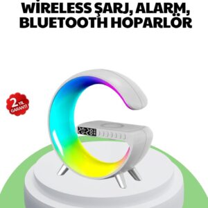 Bluetooth Hoparlörlü RGB Atmosfer Lambası Kablosuz Şarj ve Saat Özellikli