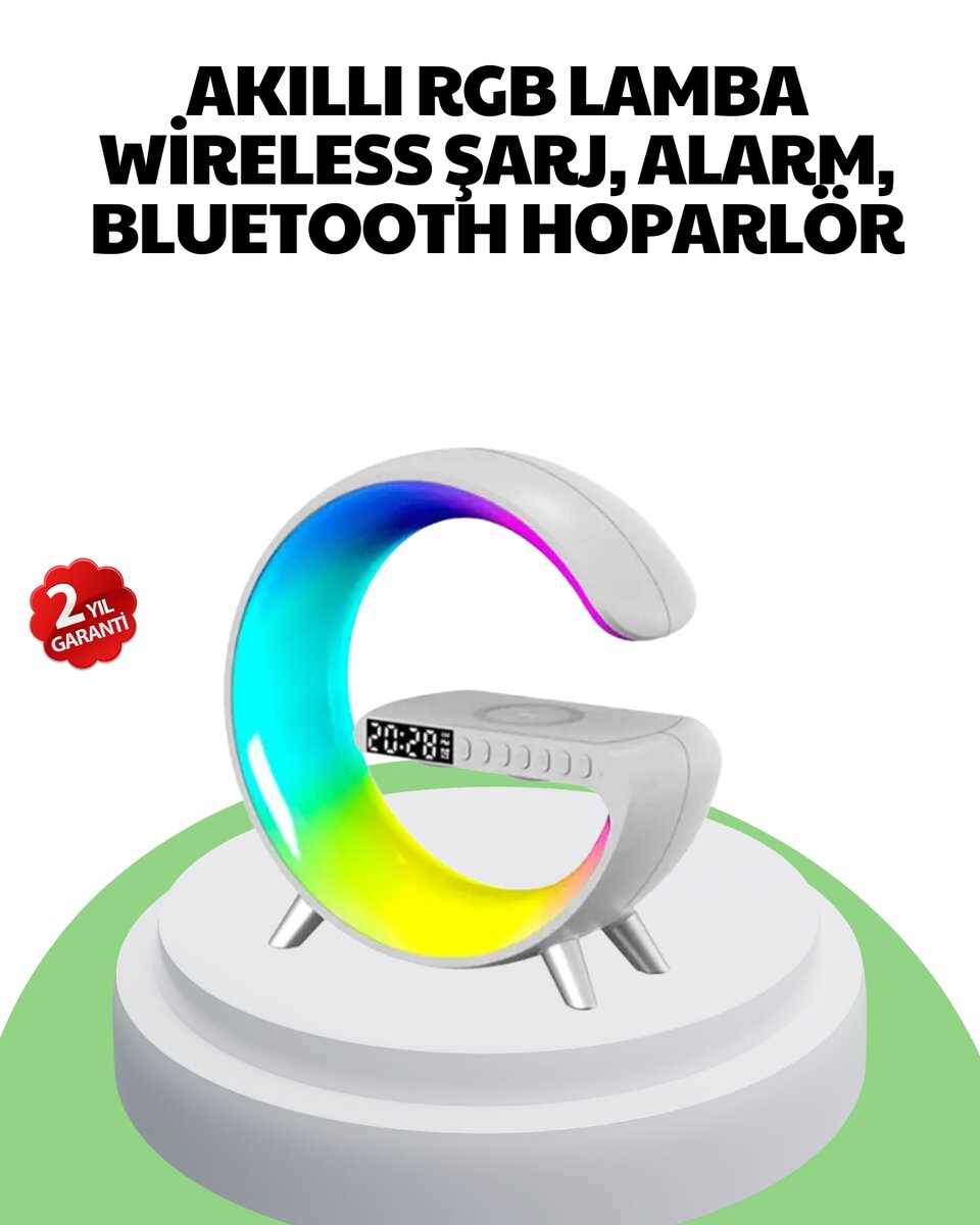 Bluetooth Hoparlörlü RGB Atmosfer Lambası Kablosuz Şarj ve Saat Özellikli 1 Bluetooth Hoparlörlü RGB Atmosfer Lambası Kablosuz Şarj ve Saat Özellikli
