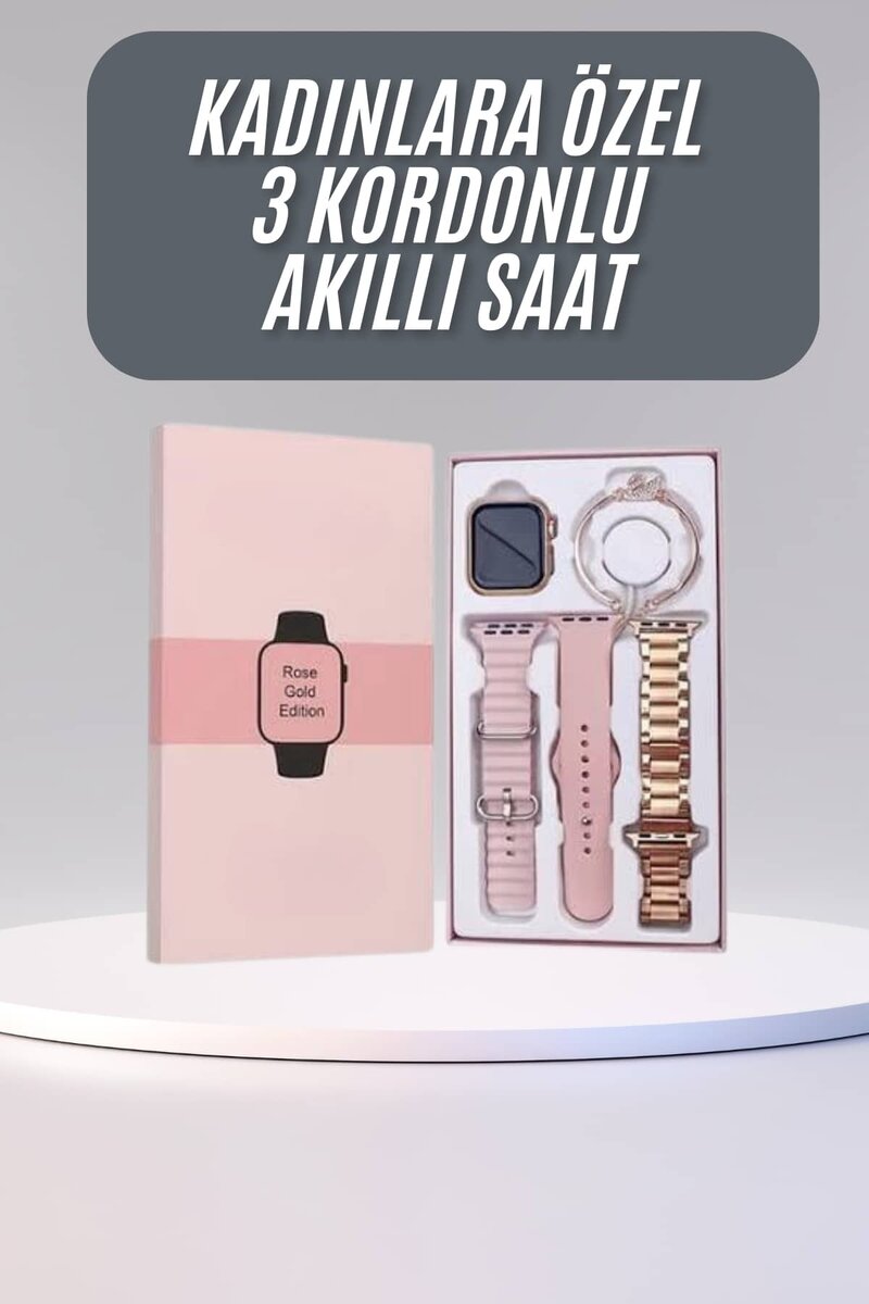 Akıllı Saat 3 Kordonlu Ve Aksesuarlı Bayanlar Için Şık Rose renk 1 Akıllı Saat 3 Kordonlu Ve Aksesuarlı Bayanlar Için Şık Rose renk