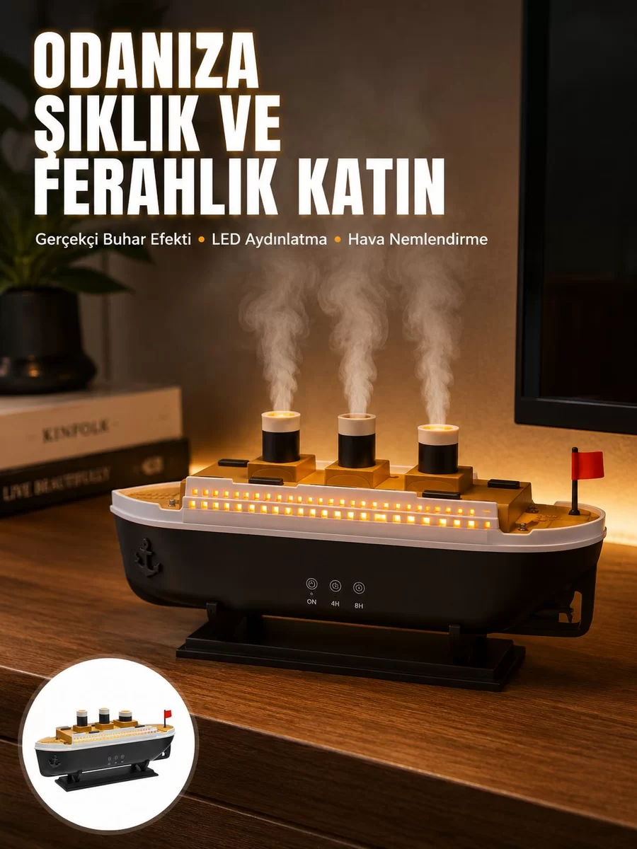 Ultra Sessiz Titanik Gemi LED Işıklı Aroma Difüzörü Oda Nemlendirici Yeni Nesil 1 Ultra Sessiz Titanik Gemi LED Işıklı Aroma Difüzörü Oda Nemlendirici Yeni Nesil