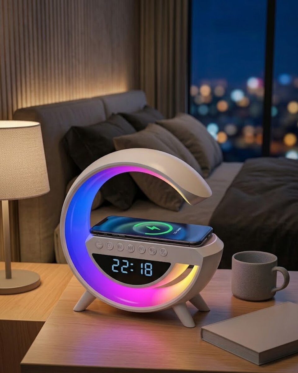 Kablosuz Şarjlı LED Işıklı Masa Saati Bluetooth Hoparlör Alarm Fonksiyonlu 1 Kablosuz Şarjlı LED Işıklı Masa Saati Bluetooth Hoparlör Alarm Fonksiyonlu