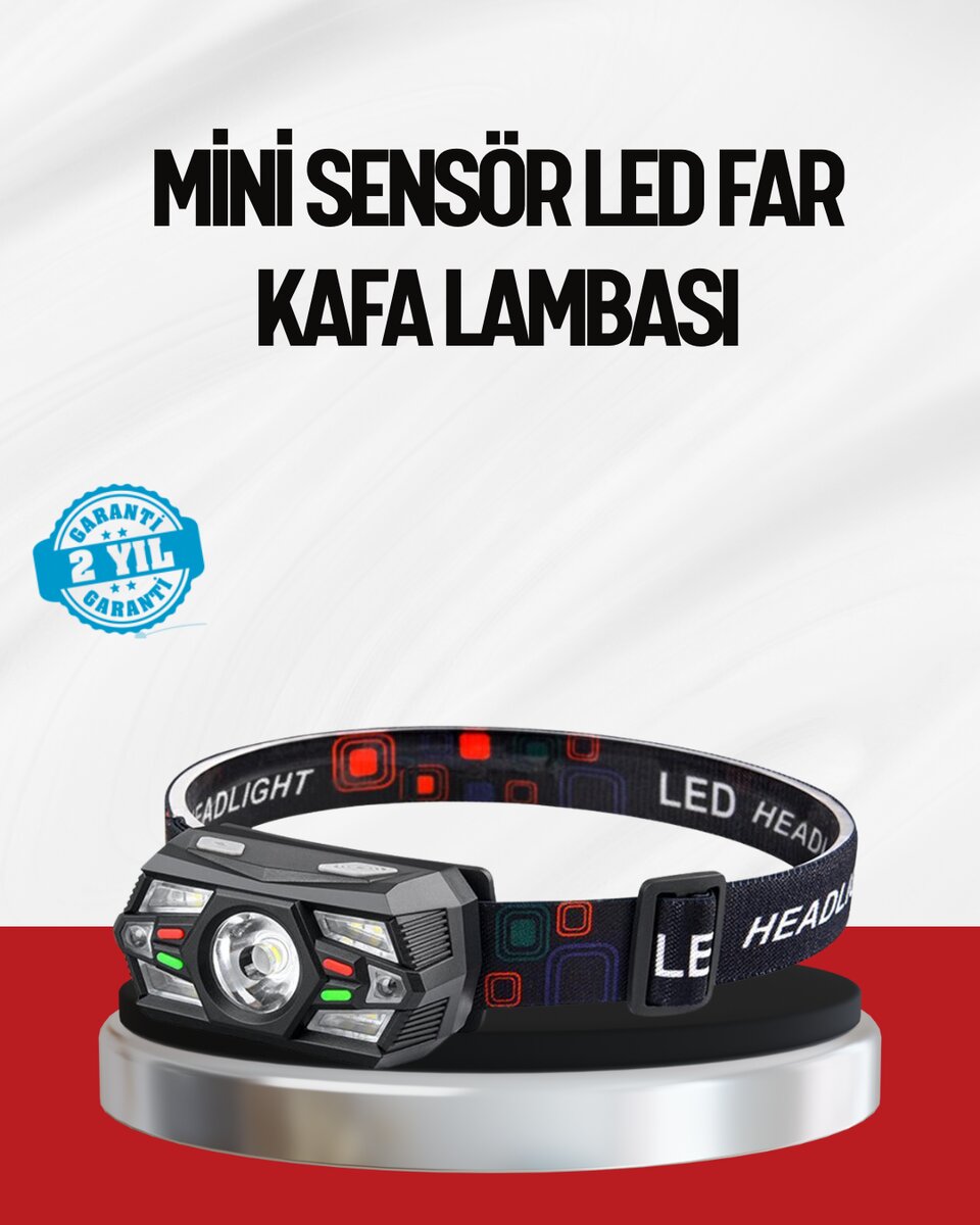 Sensörlü LED Kafa Lambası Kırmızı Beyaz Işık Ayarlanabilir 1 Sensörlü LED Kafa Lambası Kırmızı Beyaz Işık Ayarlanabilir