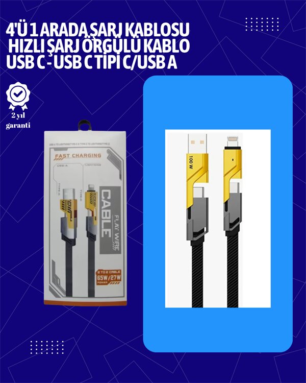 USB-C ve Lightning Uyumlu 4'ü 1 Arada Kablo – 65W Hızlı Şarj Örgülü Dayanıklı Yapı 1 USB-C ve Lightning Uyumlu 4'ü 1 Arada Kablo – 65W Hızlı Şarj Örgülü Dayanıklı Yapı