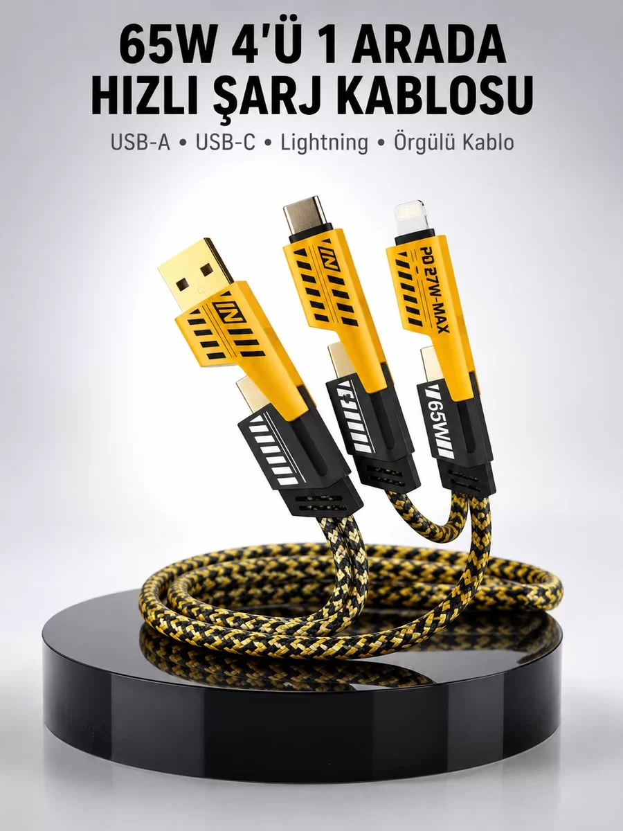 65W 4'ü 1 Arada Çoklu Şarj Kablosu – USB-C USB-A Lightning Veri ve Şarj Desteği Yeni Nesil 1 65W 4'ü 1 Arada Çoklu Şarj Kablosu – USB-C USB-A Lightning Veri ve Şarj Desteği Yeni Nesil