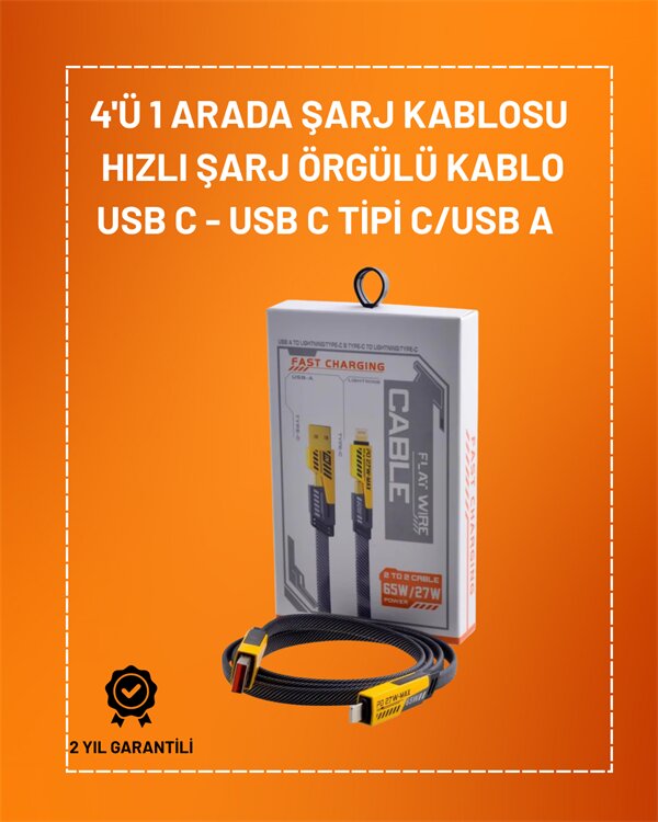 4'ü 1 Arada USB Hızlı Şarj ve Veri Kablosu – 65W Güç Çoklu Bağlantı 1.2m 1 4'ü 1 Arada USB Hızlı Şarj ve Veri Kablosu – 65W Güç Çoklu Bağlantı 1.2m
