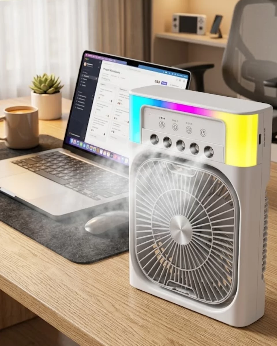 USB Şarjlı Masaüstü Soğutucu Fan Su Püskürtmeli Renkli Işıklı 1 USB Şarjlı Masaüstü Soğutucu Fan Su Püskürtmeli Renkli Işıklı