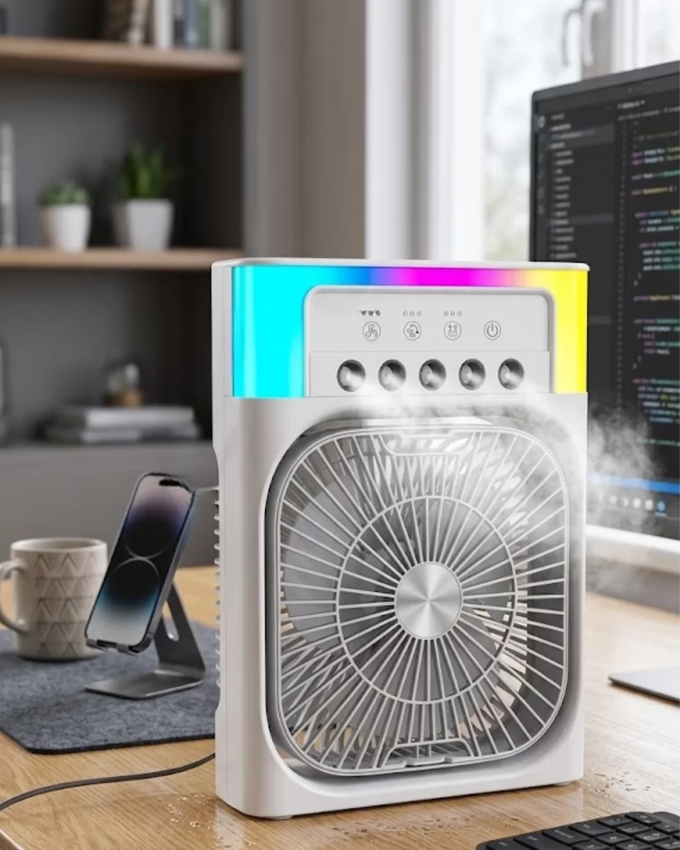 Su Püskürtmeli Mini Klima Fan USB Şarjlı Masaüstü Soğutucu RGB Işıklı 1 Su Püskürtmeli Mini Klima Fan USB Şarjlı Masaüstü Soğutucu RGB Işıklı