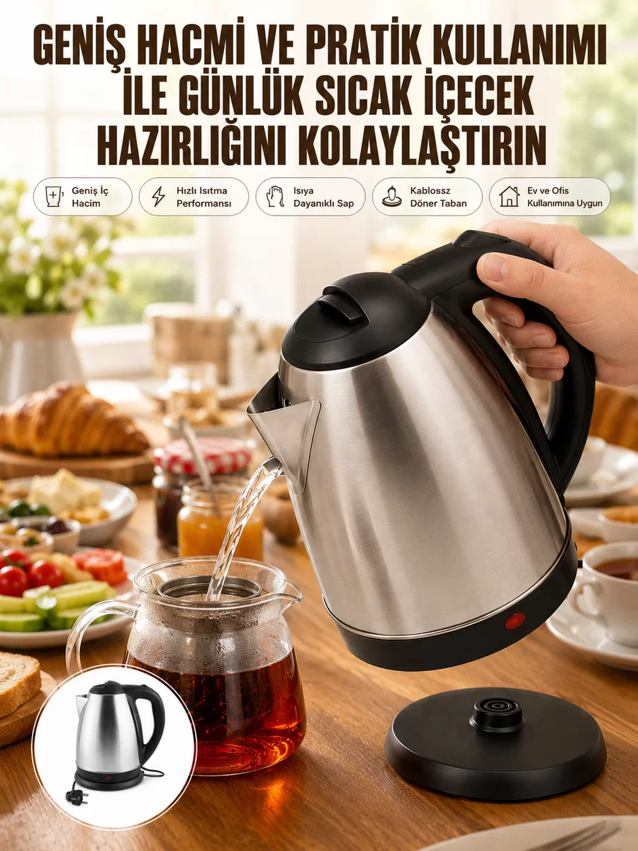 Kettle Su Isıtıcı C F Priz Uyumlu 220 - 240 V Paslanmaz Çelik Kablolu 1 Kettle Su Isıtıcı C F Priz Uyumlu 220 - 240 V Paslanmaz Çelik Kablolu