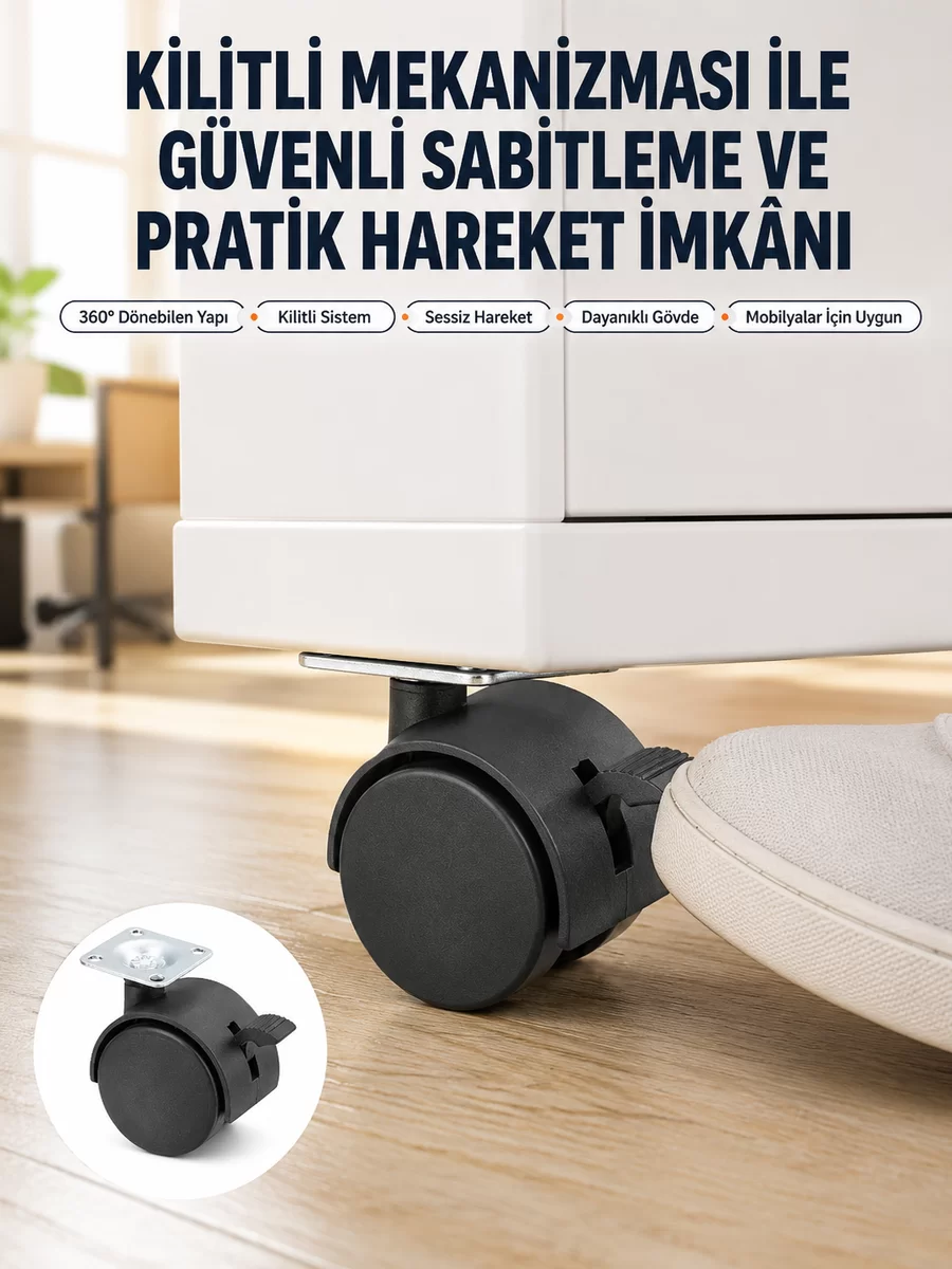 Kilitli Mini Tekerlek Ayak 4 cm 4’lü Set 1 Kilitli Mini Tekerlek Ayak 4 cm 4’lü Set
