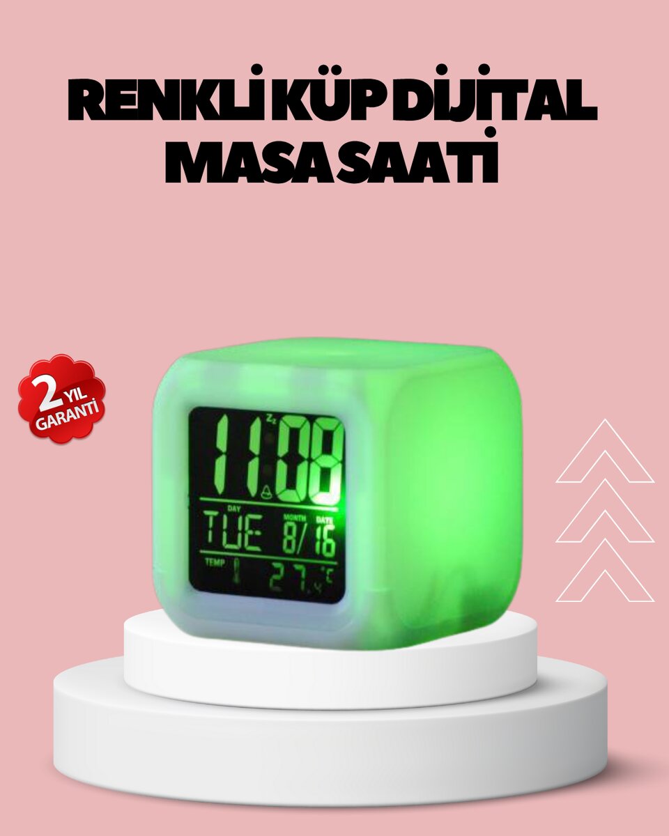 Kronometre ve Takvim Destekli Renk Değiştiren LED Dijital Küp Saat 1 Kronometre ve Takvim Destekli Renk Değiştiren LED Dijital Küp Saat
