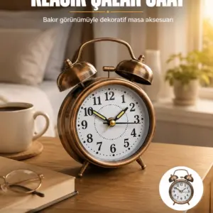 Metal Bronz Nostaljik Masa Saati Alarmlı Büyük Boy Sessiz Mekanizmalı