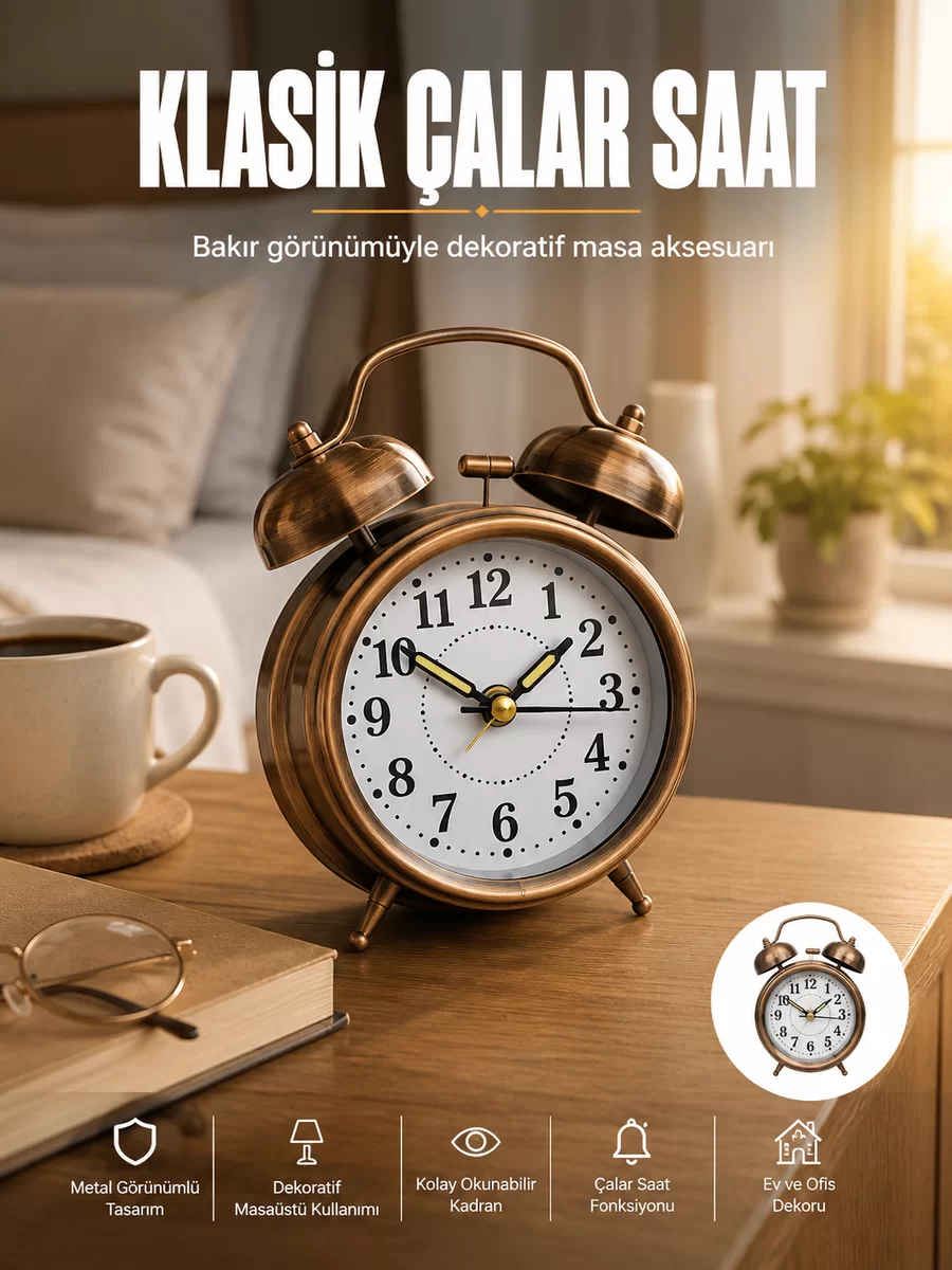 Metal Bronz Nostaljik Masa Saati Alarmlı Büyük Boy Sessiz Mekanizmalı 1 Metal Bronz Nostaljik Masa Saati Alarmlı Büyük Boy Sessiz Mekanizmalı