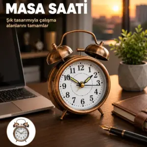 Retro Tarz Bronz Dekoratif Masa Saati Metal Gövde Yüksek Sesli Alarm