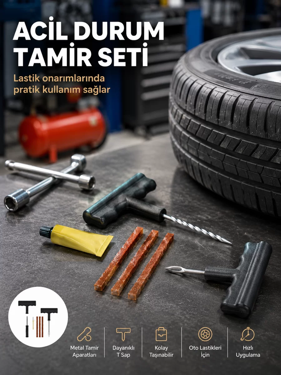 Acil Durumların Kurtarıcısı Çok Amaçlı Lastik Tamir Seti 1 Acil Durumların Kurtarıcısı Çok Amaçlı Lastik Tamir Seti