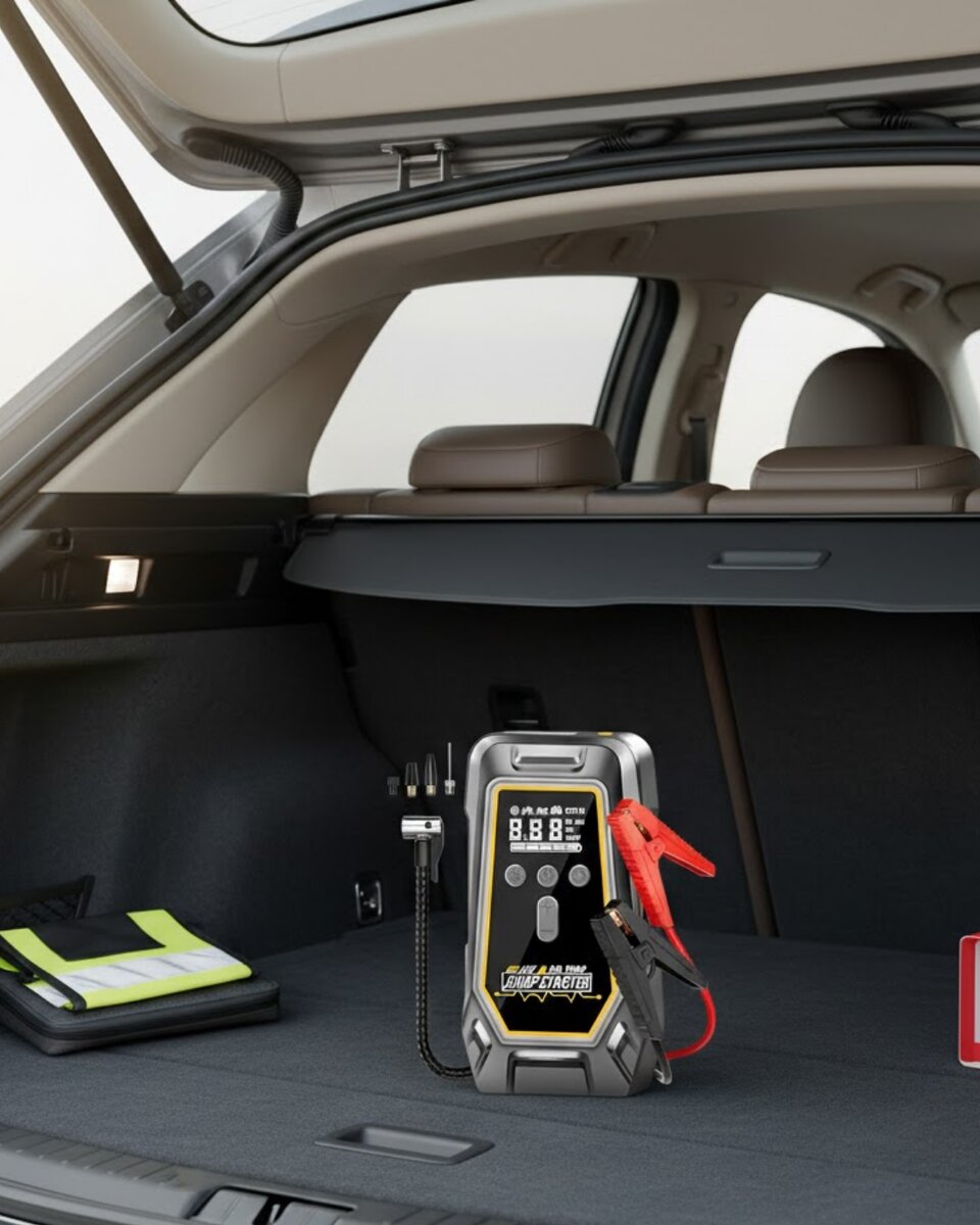 Araçlar İçin Akü Takviye ve Dijital Hava Kompresörü 16000 mAh 1 Araçlar İçin Akü Takviye ve Dijital Hava Kompresörü 16000 mAh