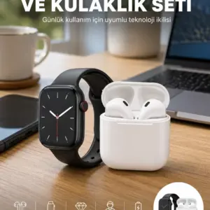 Akıllı Saat Gümüş Kasa Bluetooth Kulaklık Hediyeli Çok Fonksiyonlu İkili Set